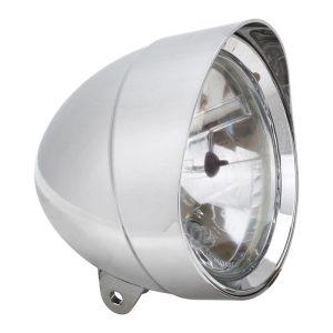 Attitude Inc Indian Style Headlight, 5 3/4 Inch Dia , 170mm Long ,Visor Round Tip ,Chrome E Marked