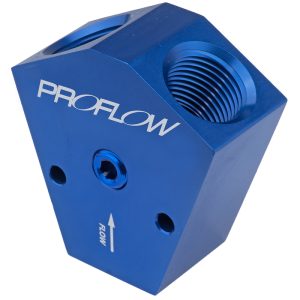 Proflow Fuel Block, Y-Type, Billet Aluminium, Red Anodised, 1/2in, in. NPT Female Inlet, 3/8 in. NPT Female Outlets, 1/8in. NPT Gauge Port