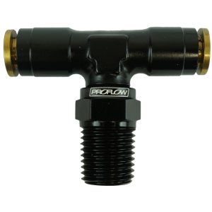 Proflow Fitting, Push To Connect Nylon Tube Tee 1/4in. Nylon Tube To 1/4in. NPT, Black