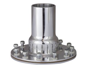 Proflow Fuel Filler Neck Aluminium Polished, Straight 2 in. Diameter, 12-Bolt Flange, 4.75'' PCD, Each