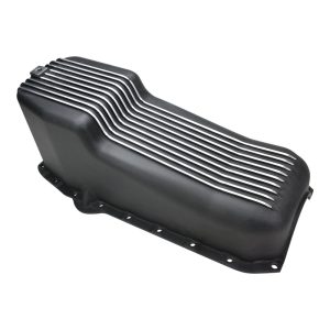 RTS Oil Pan, Cast Aluminum, Machined Finned, Black 4 qt, 1958-79 SB Chev L/H Side Dip Stick, 2 Piece Rear Main,