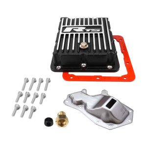 RTS Transmission Pan, Deep, Aluminium, For Ford C4, C10, Suits Pan Fill Or Case Fill, Magnetic Drain Plug, Filter, Finned Black Powder Coated, Kit